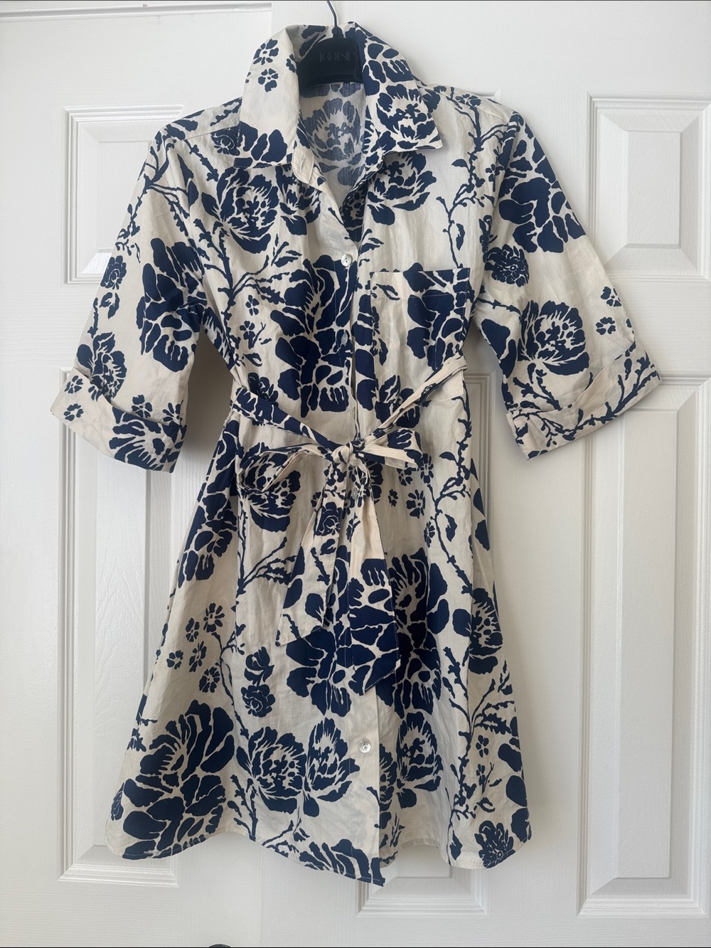 Zara Navy and Cream Floral Tie-Waist Shirt Dress